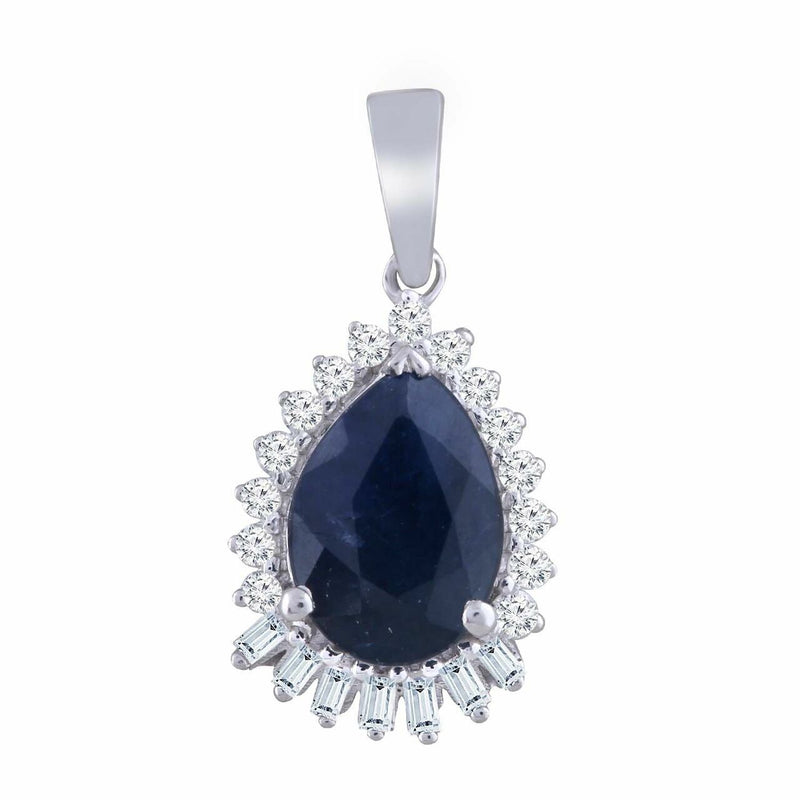 Pear Sapphire Pendant With 0.08Ct Diamond In 9K White Gold