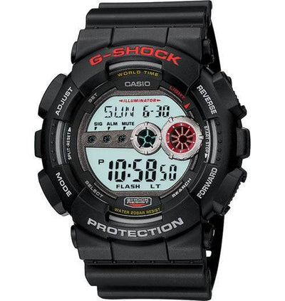 Black G-Shock digital wristwatch with red accents and a rugged design.