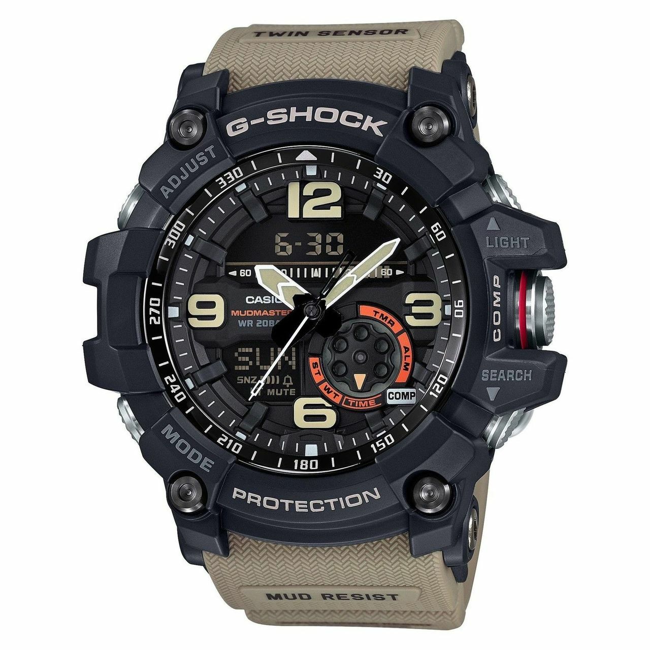 Rugged G-Shock wristwatch with a black face and tan strap.