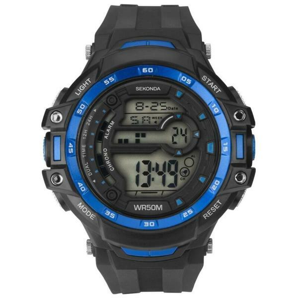 Digital sports watch with a black and blue color scheme featuring a rugged design.