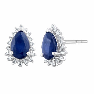 Sapphire Pear Earrings With 0.12Ct Diamonds In 9K White Gold