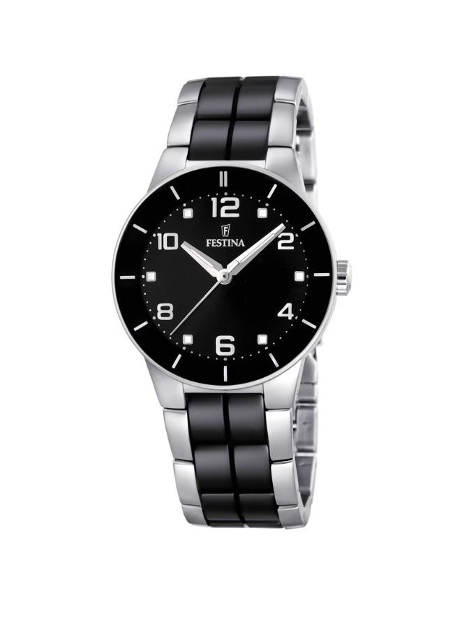 Elegant Festina 35mm Silver Ceramic Ladies Watch with Black Dial