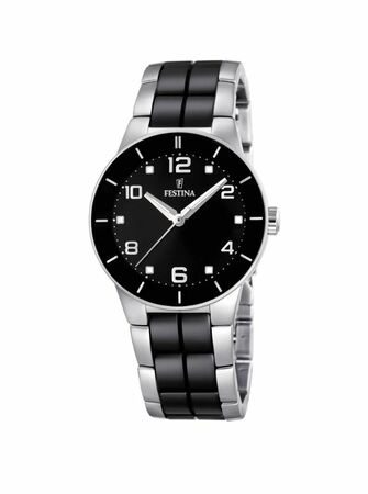 Elegant Festina 35mm Silver Ceramic Ladies Watch with Black Dial
