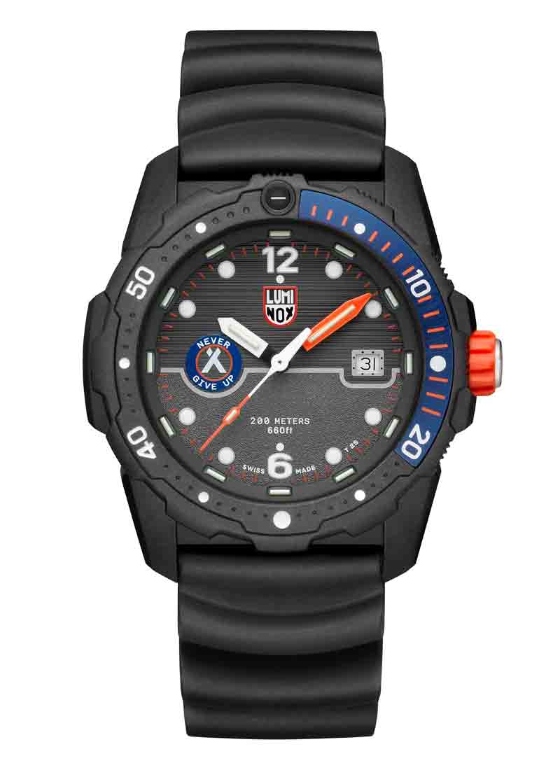 Black sports watch with a colorful bezel and rubber strap.