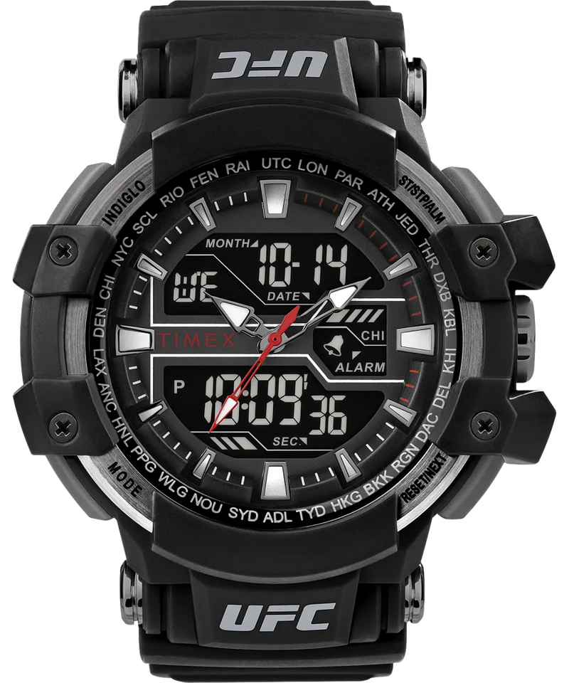 Rugged black digital sports watch with UFC branding and multiple display features.