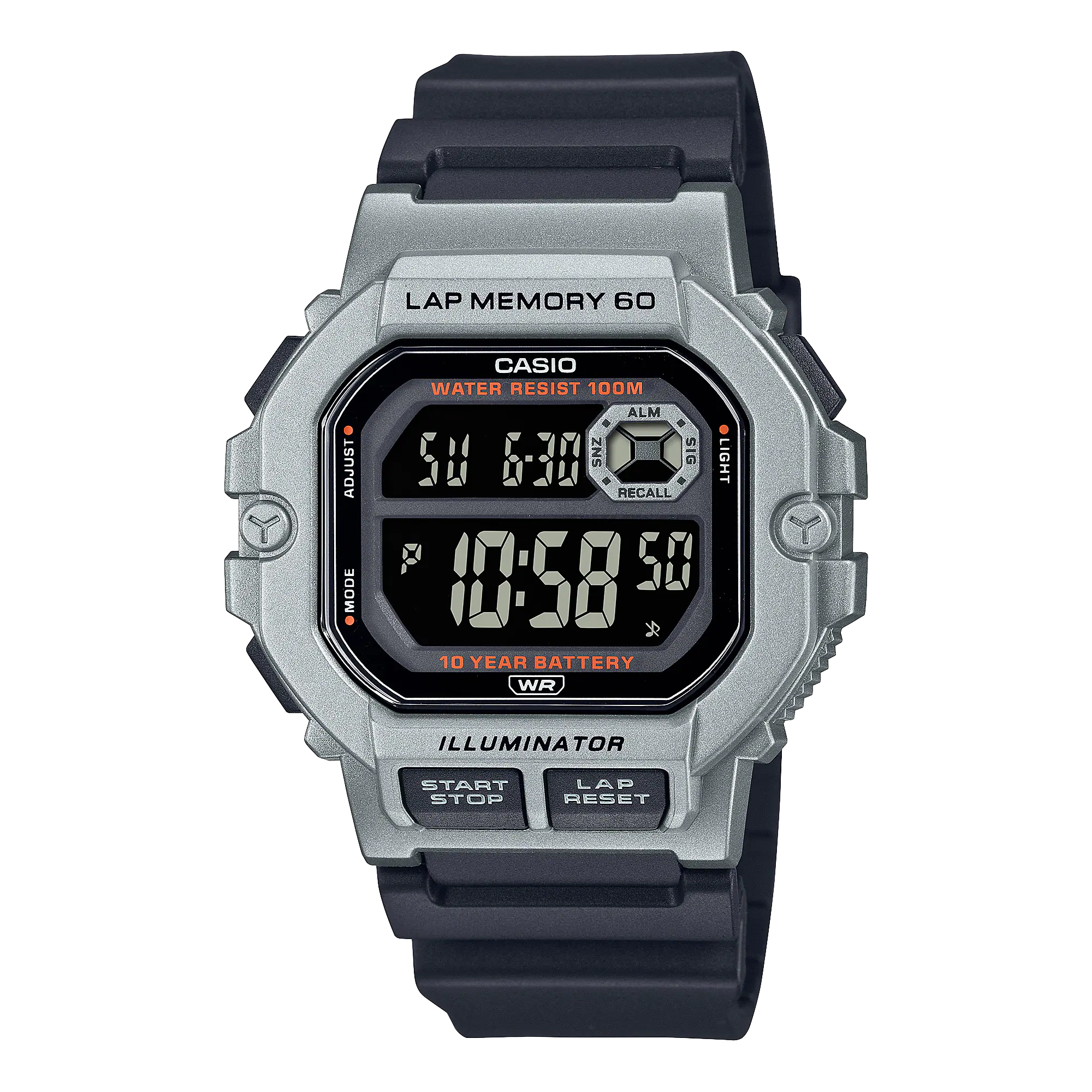 Digital Casio wristwatch with a square face and black resin strap.
