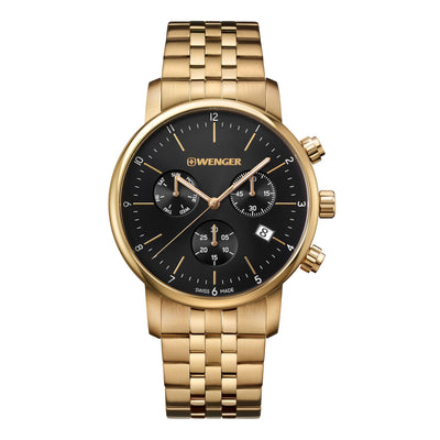 Gold-toned wristwatch with a black dial and chronograph subdials.