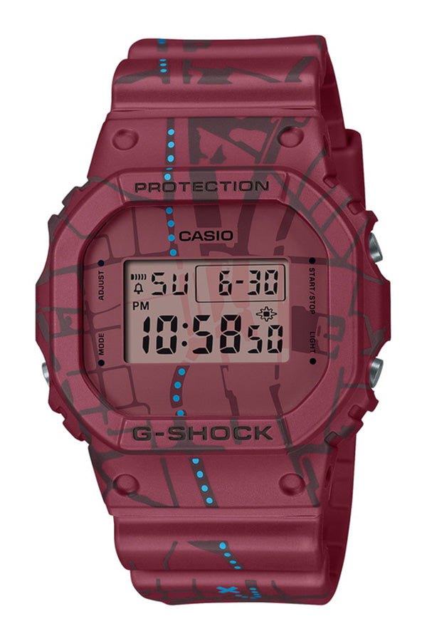 Burgundy digital G-Shock watch with a translucent resin case and strap.