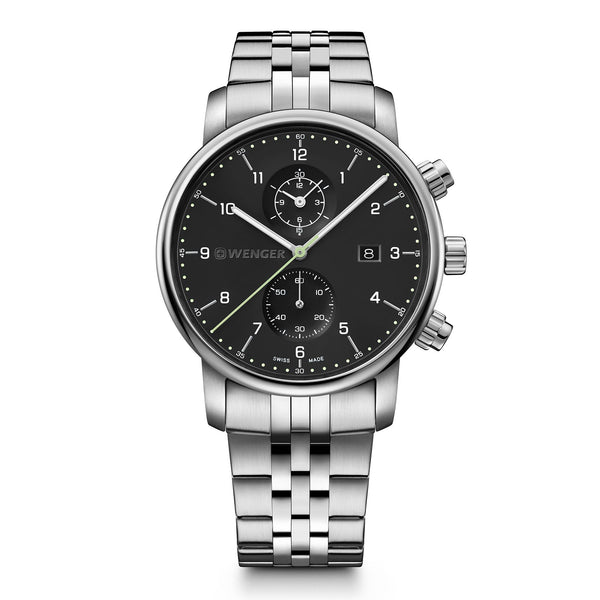 Stainless steel wristwatch with a black dial and chronograph subdials.