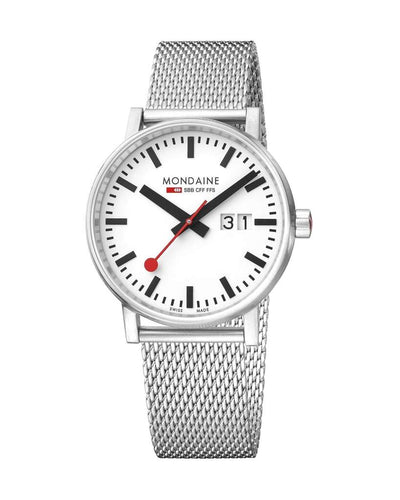 Sleek silver wristwatch with a white face and red second hand.