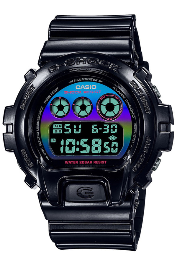 Black Casio G-Shock digital watch with a colorful iridescent display.