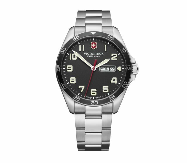 Stainless steel Victorinox Swiss Army wristwatch with a black dial and Arabic numeral hour markers.