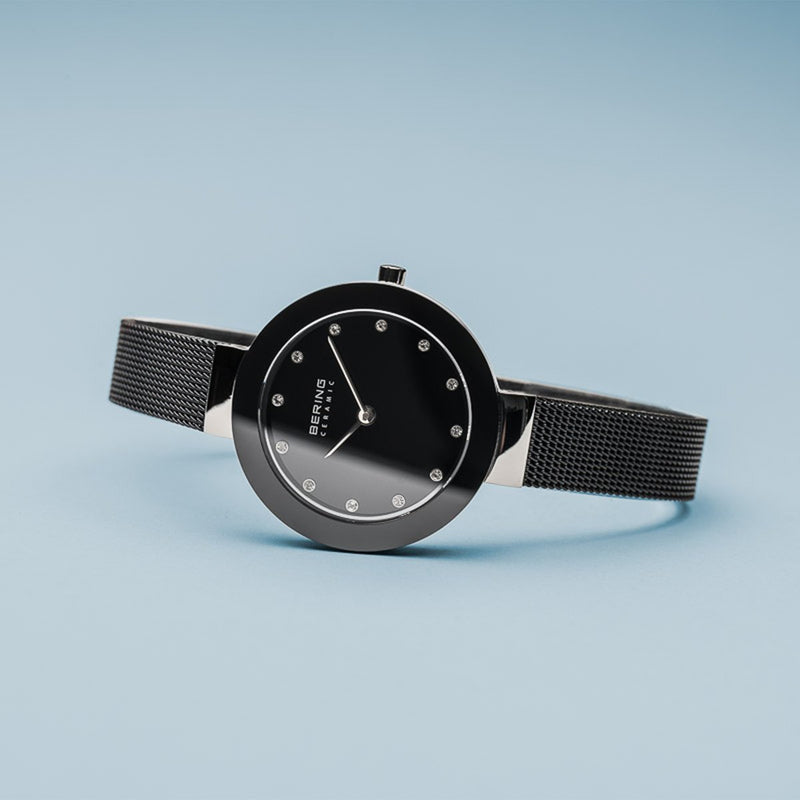 Bering Ceramic Polished Silver Slim Black Watch