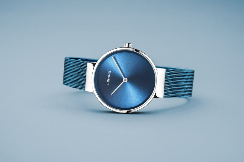 Bering Classic Polished Silver Blue Mesh Watch