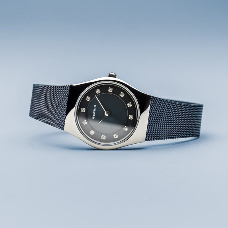 Bering Classic Polished Silver Navy Blue Mesh Watch