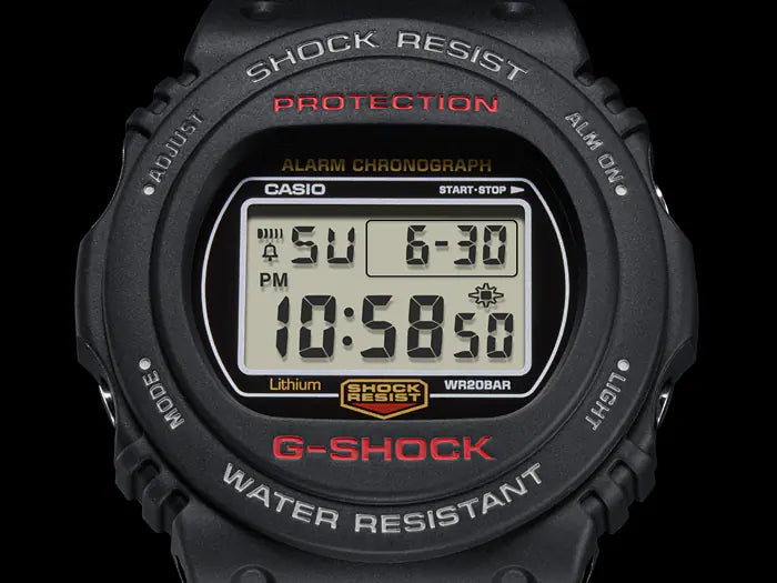 Digital G-Shock watch with a round face displaying time and date.