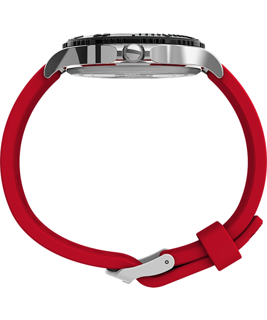 Wristwatch with a silver case and bright red rubber strap.