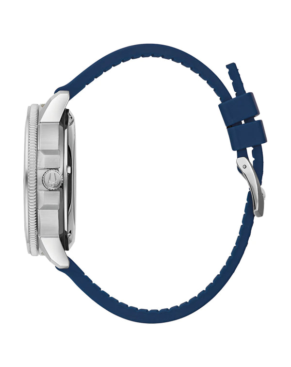 Wristwatch with a silver case and navy blue strap.