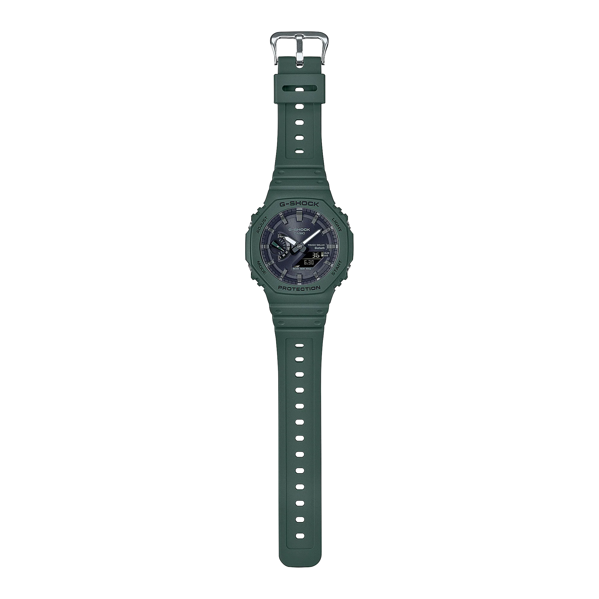 Dark green sports watch with a digital-analog hybrid display and rugged design.