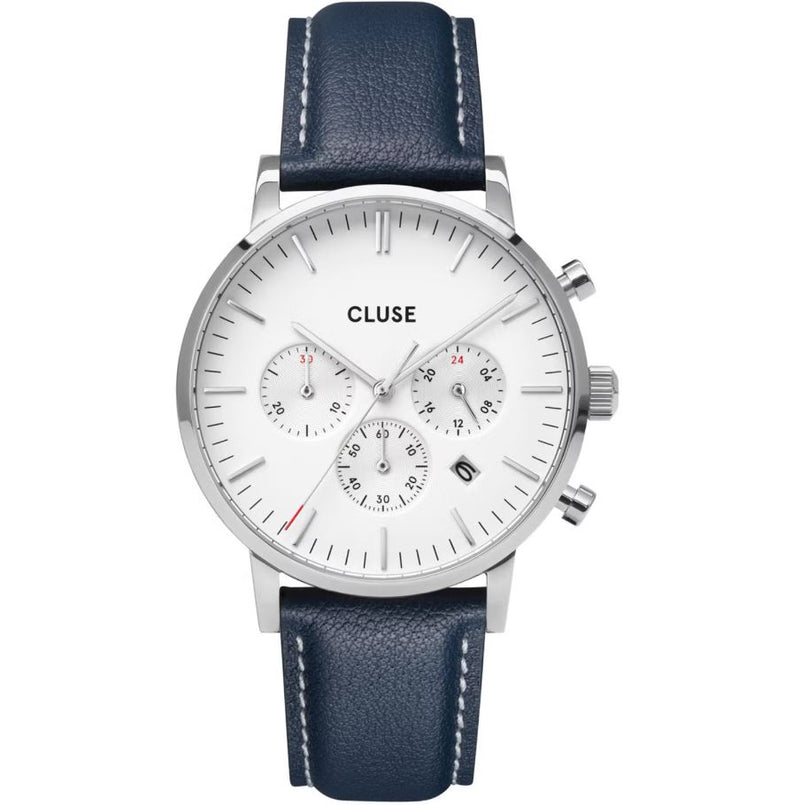 CLUSE Gift Set Aravis Chrono Silver/ Blue Leather and Silver Mesh Strap CG21004