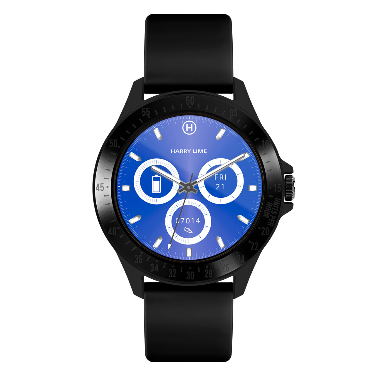 Black smartwatch with a round blue digital display face and black strap.