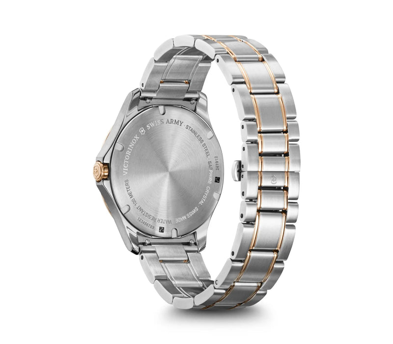 Wristwatch with a two-tone metal band combining silver and gold colors.