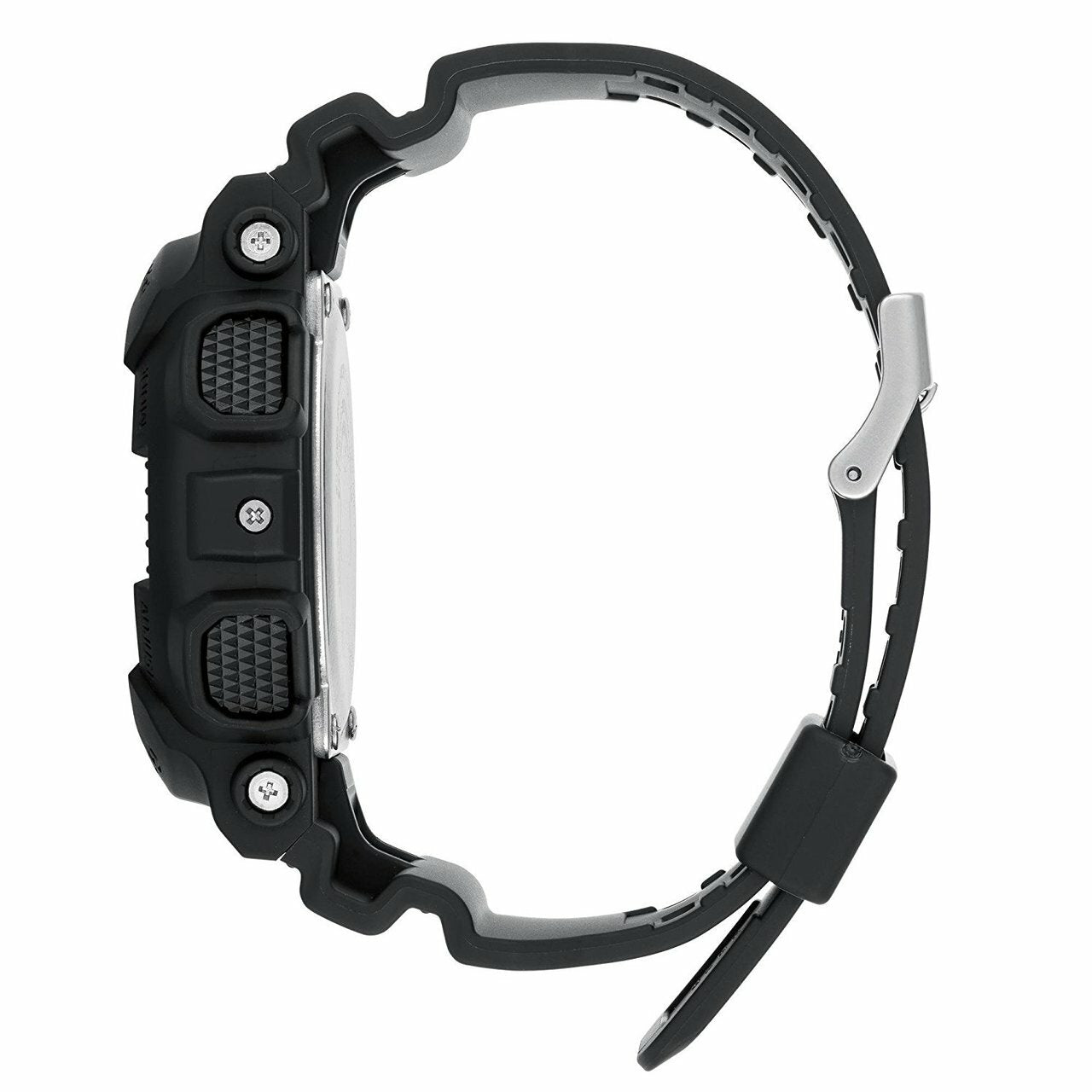 Rugged black digital wristwatch with a chunky design and visible screws.