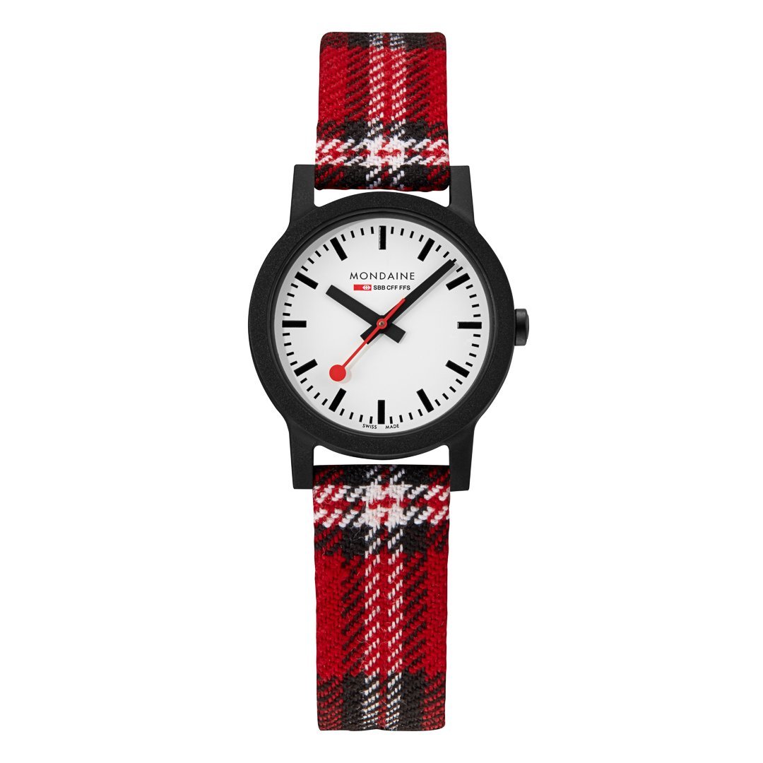 Wristwatch with a red plaid fabric strap and black case.