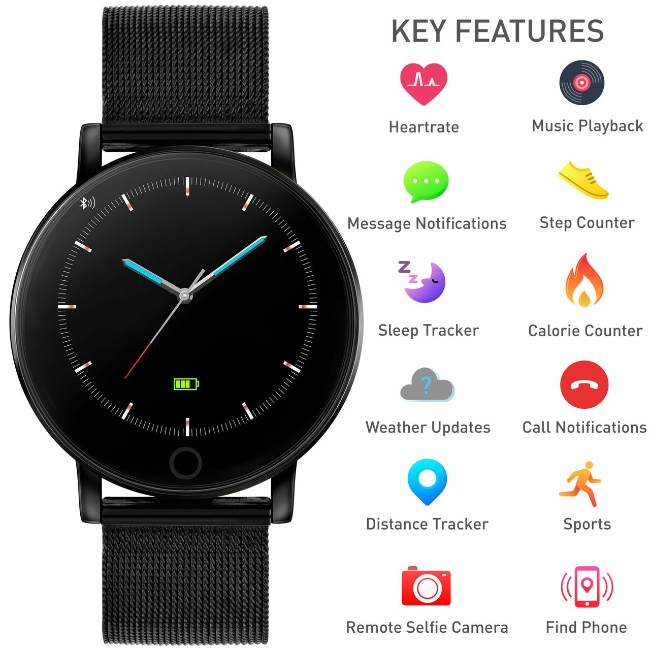 Sleek black smartwatch with a round face and mesh band displaying key features.