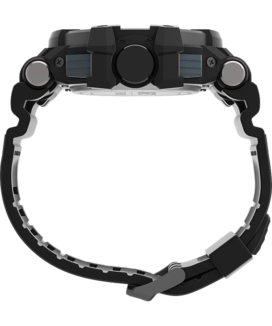Black digital sports watch with multiple buttons and a rugged design.