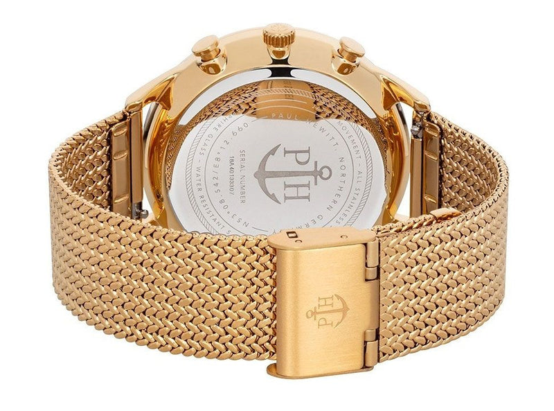 Gold-toned wristwatch with a mesh metal band and chronograph features.