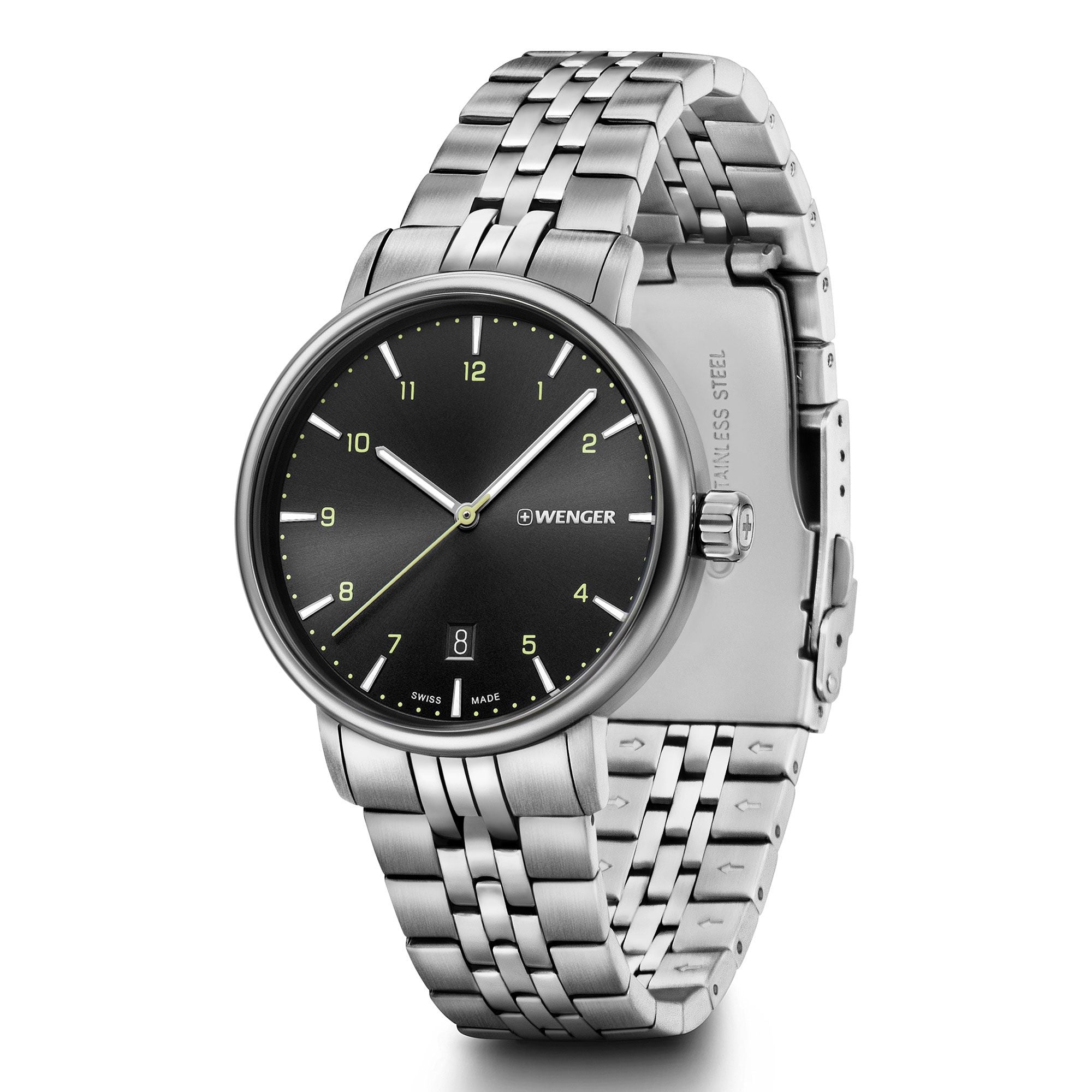 Stainless steel wristwatch with a black dial and metal link bracelet.