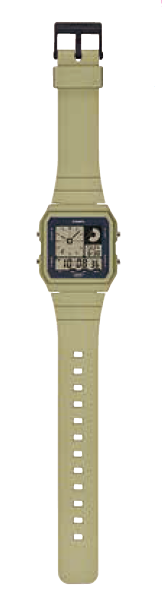 Digital wristwatch with a square face and olive green band.