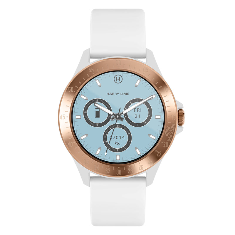 White and 2024 rose gold smartwatch