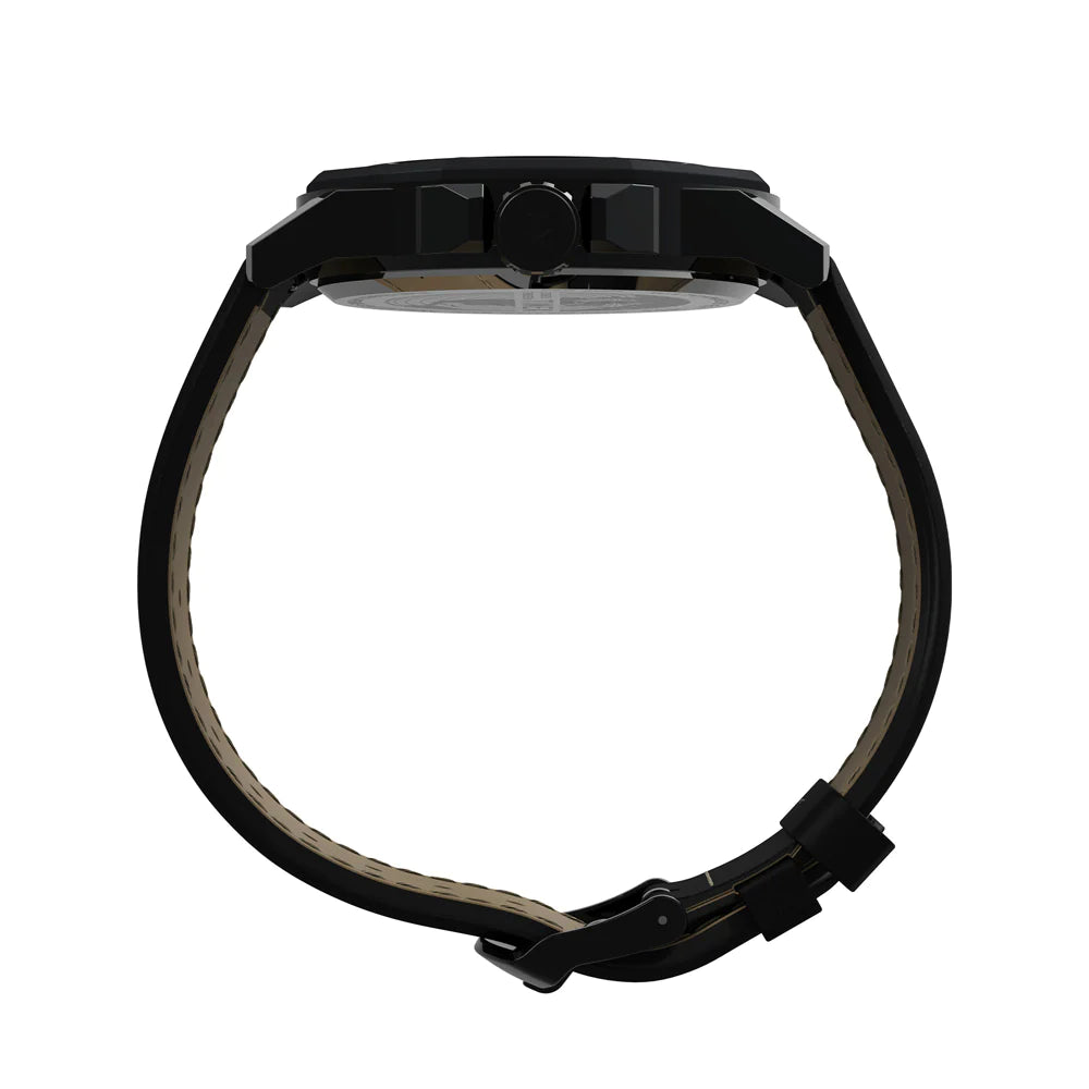 Black wristwatch with a leather strap.