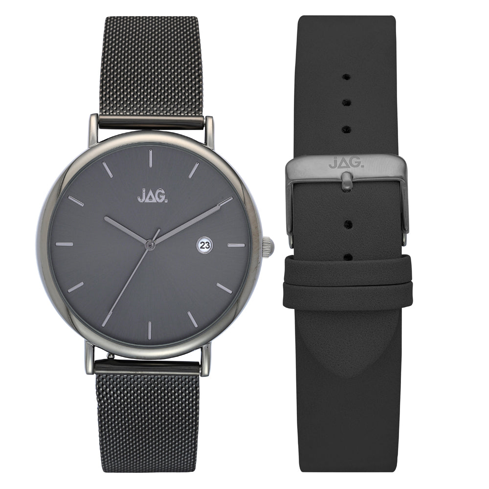 Sleek wristwatch with a dark gray face and interchangeable mesh and leather straps.