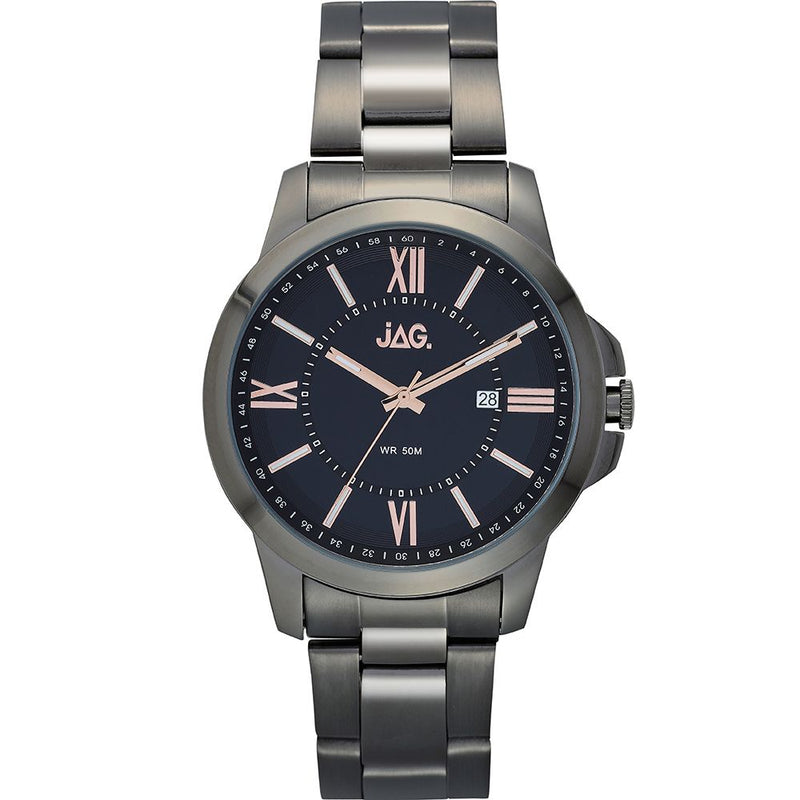 Gunmetal gray wristwatch with a dark blue dial and rose gold accents.