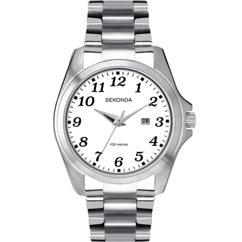 Silver wristwatch with a white dial and Arabic numeral hour markers.