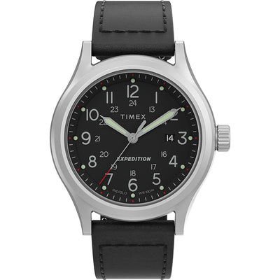 Timex wristwatch with a black leather strap and silver case.