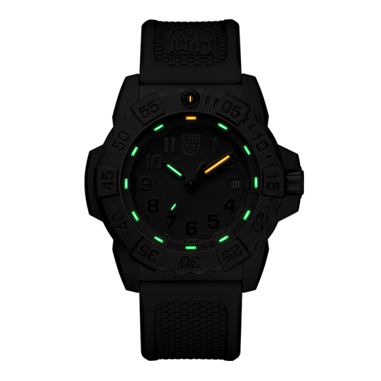 Black wristwatch with luminous green and orange markers on the dial.