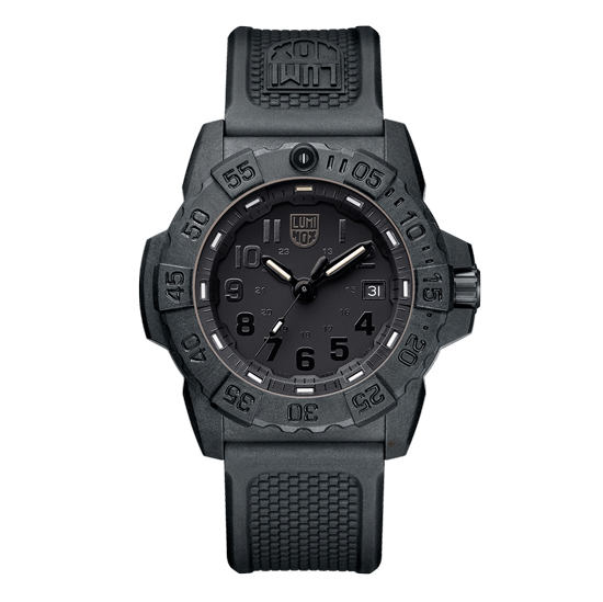 Rugged black tactical wristwatch with a textured rubber strap.