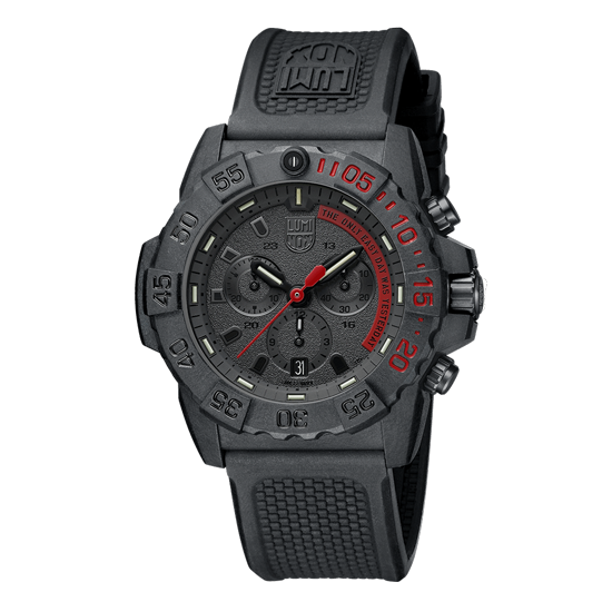 Rugged black sports watch with red accents on the dial.