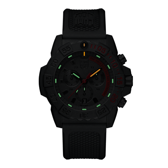 Black tactical wristwatch with colorful luminous markers on the dial.