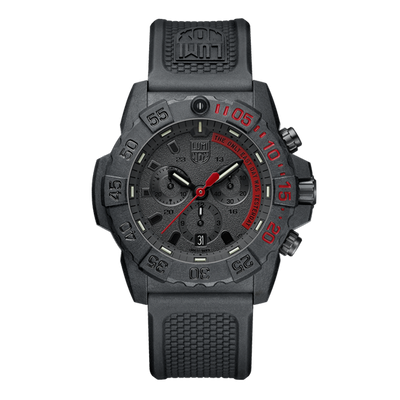 Rugged black sports watch with red accents and a chronograph display.