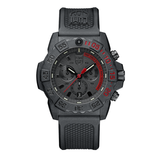 Rugged black sports watch with red accents and a chronograph display.