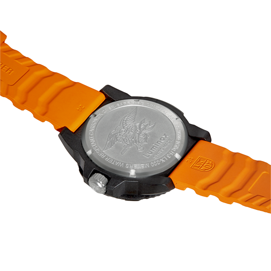 Wristwatch with an orange rubber strap and black case.