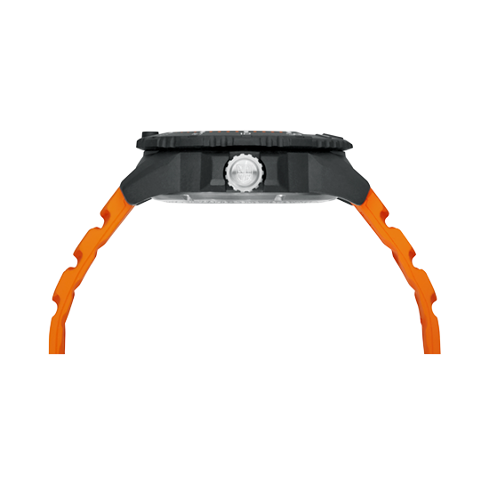 Wristwatch with a black case and bright orange rubber strap.