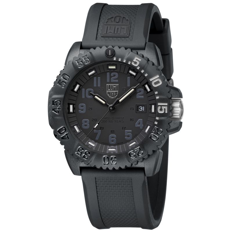 Black tactical wristwatch with a rugged design and luminous markings.