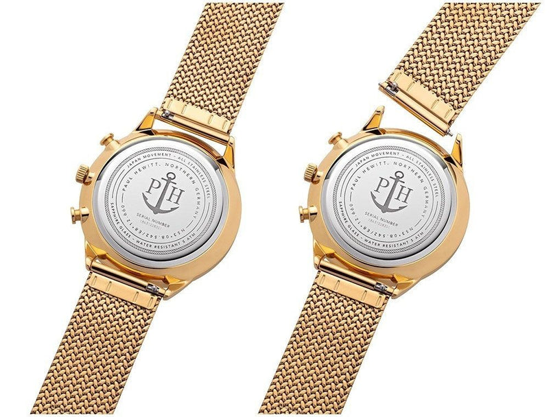 Gold-toned wristwatches with mesh bands and circular backs displaying an anchor logo.