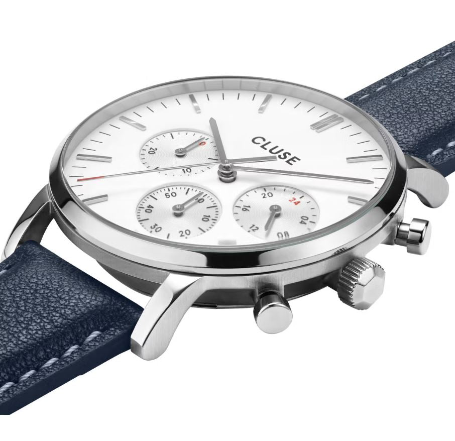 CLUSE Gift Set Aravis Chrono Silver/ Blue Leather and Silver Mesh Strap CG21004
